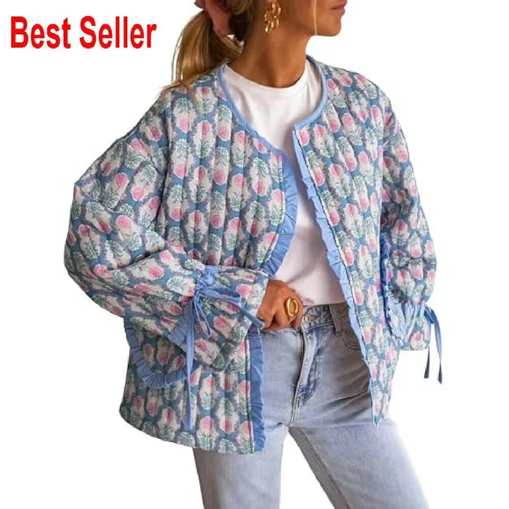 Cropped Quilted Puffer Jacket Lightweight Floral Print Vintage Open Front